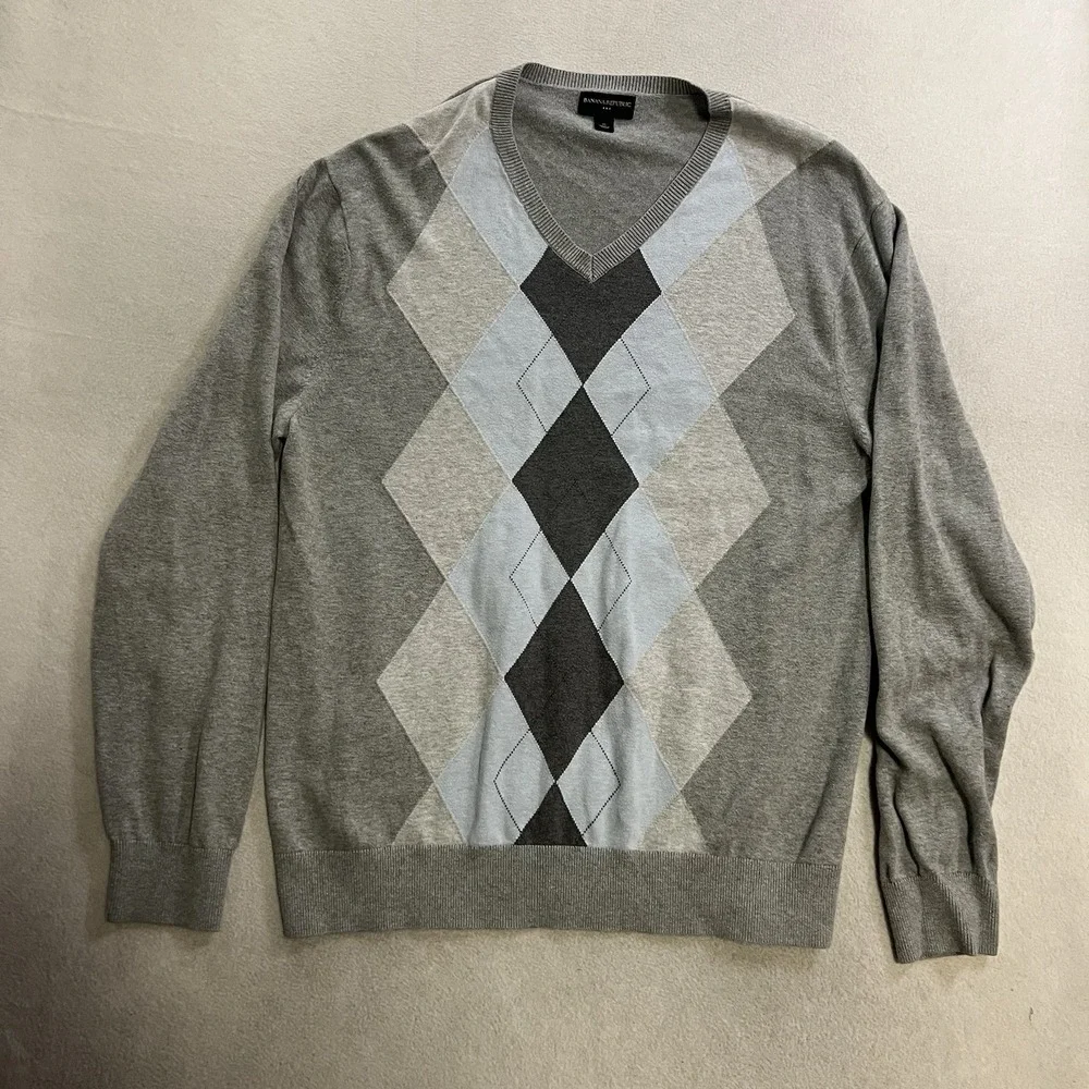 Banana Republic Sweater Men's Size XL Gray Argyle Cotton Long Sleeve Preppy